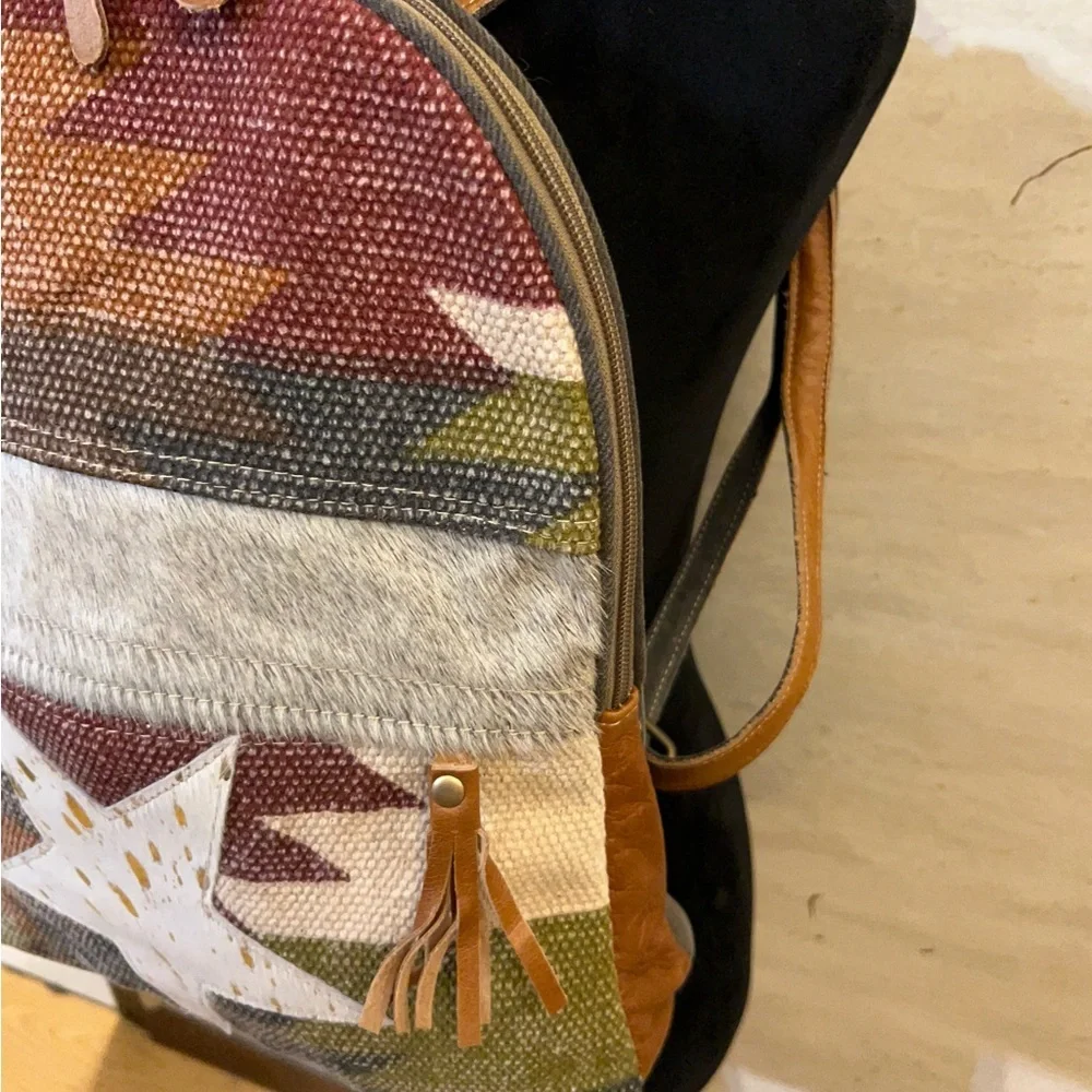 NWT- Myra Bag Hair-On Cowhide 100% Leather BoHo Star Canvas Backpack